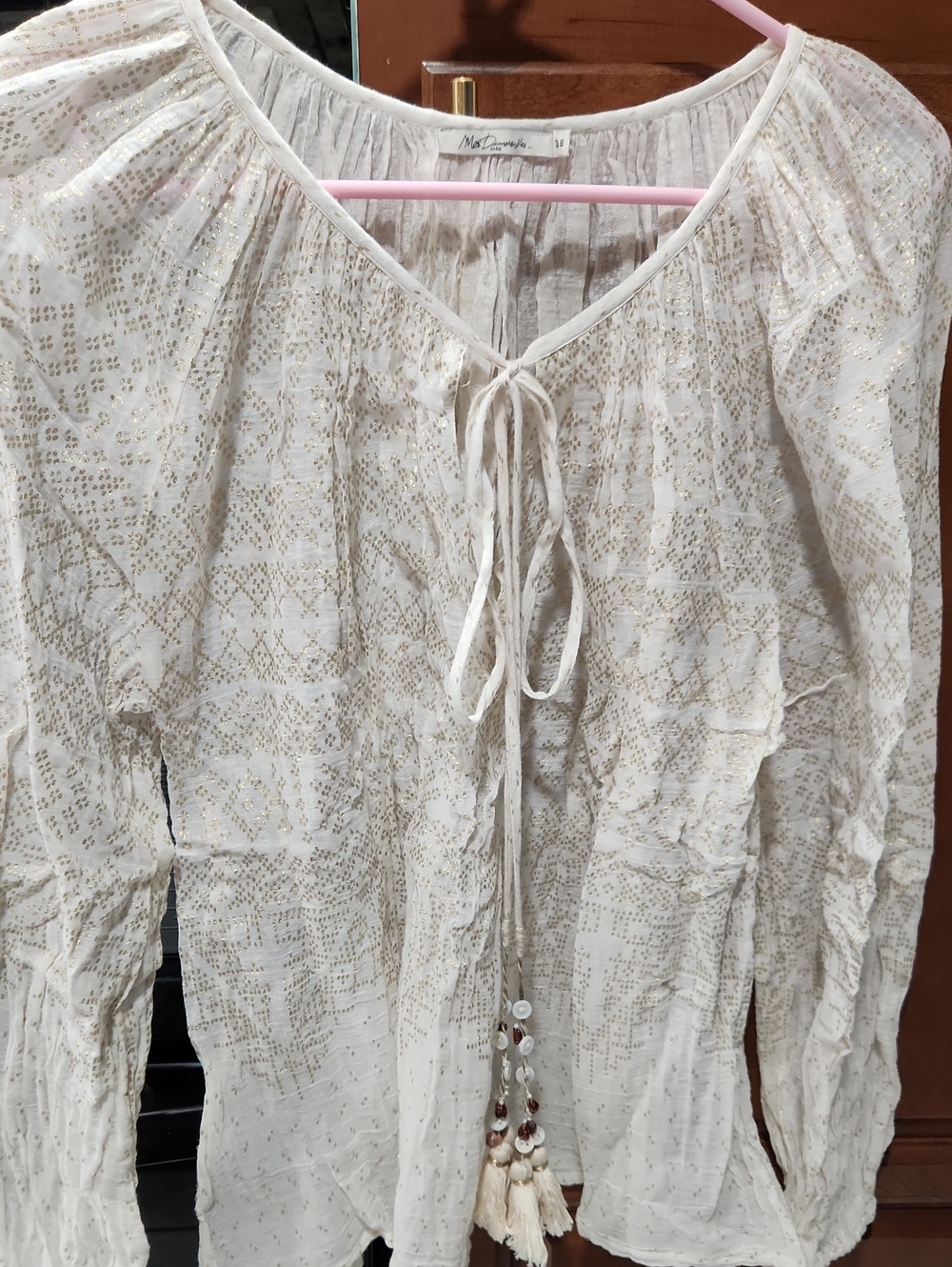 Mes Demoiselles Cream Blouse with Gold Metallic Print and Tassel Tie
